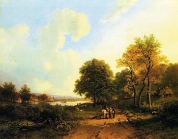 Barend Cornelis Koekkoek : Peasants on a Path by a River